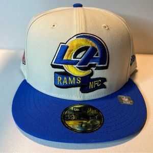 Mens New Era LA Los Angeles Rams Cream Blue  59FIFTY Fitted Cap Size 7 7/8